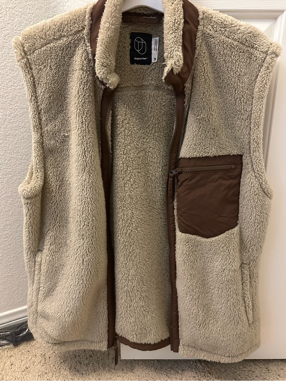 Original Use Cozy Sherpa Vest with Brown Trim